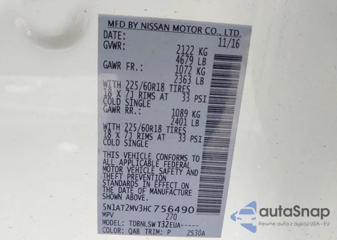 2017 Nissan Rogue Sl из США, поврежденный, VIN 5N1AT2MV3HC756490